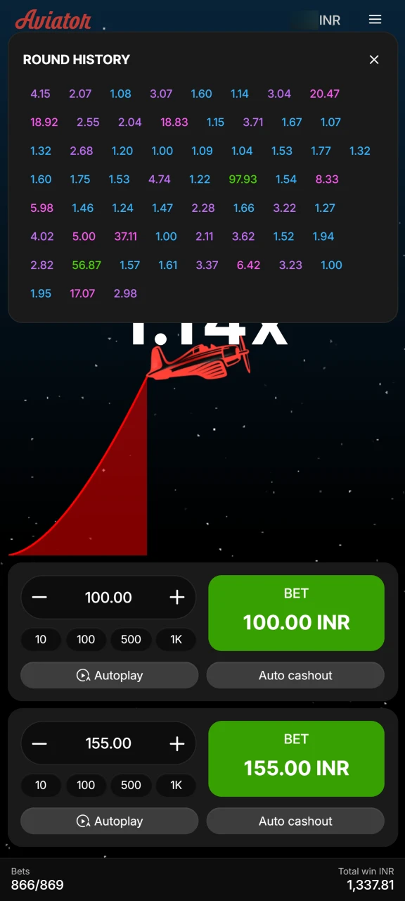1xBet Aviator app round history showing past game results and multipliers.