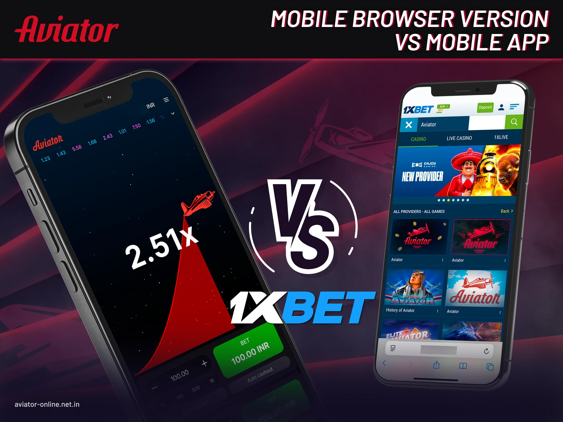 Differences between mobile app and browser version of 1xBet Aviator.