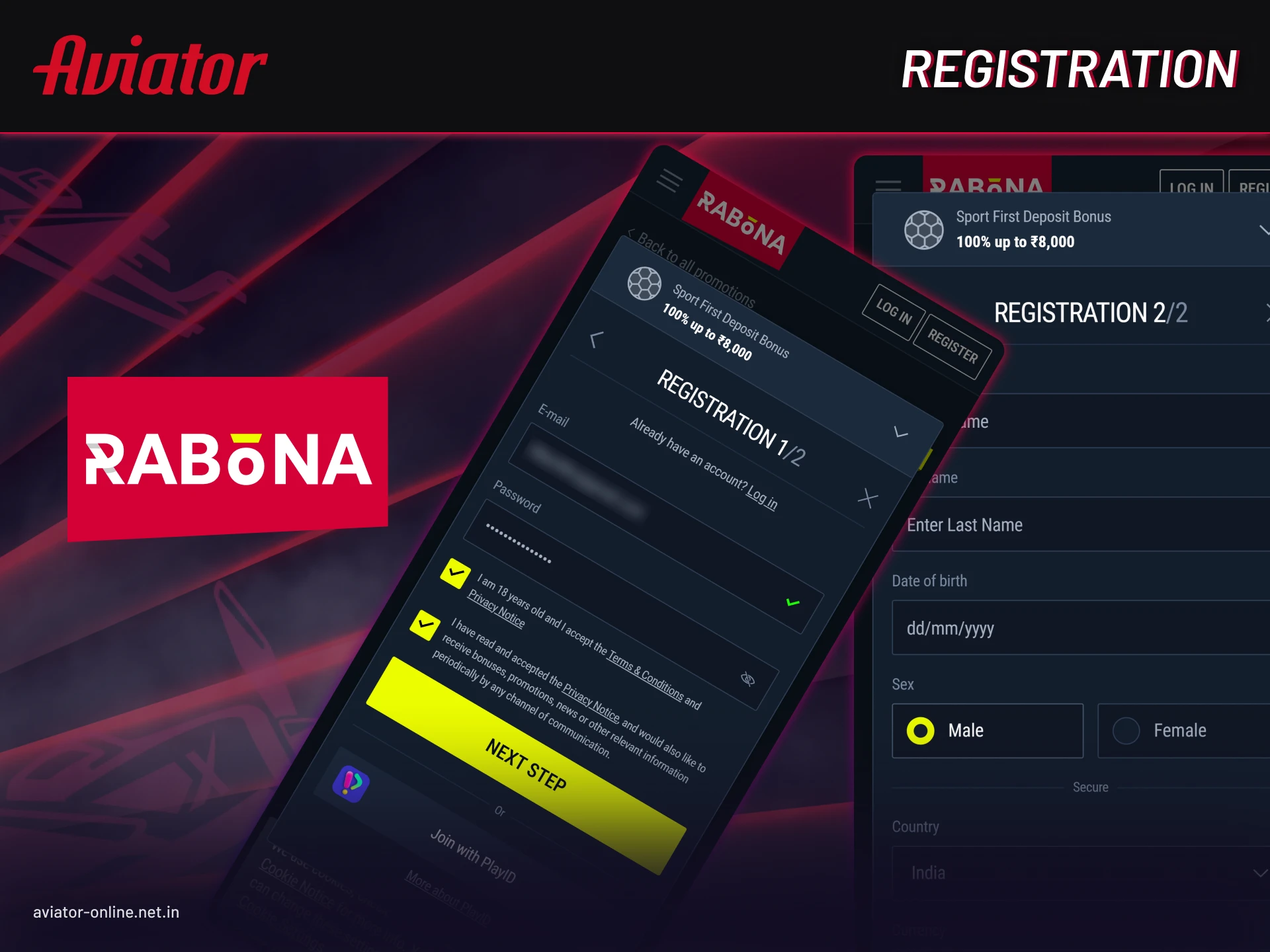 Step-by-step registration inside Rabona Aviator mobile app.