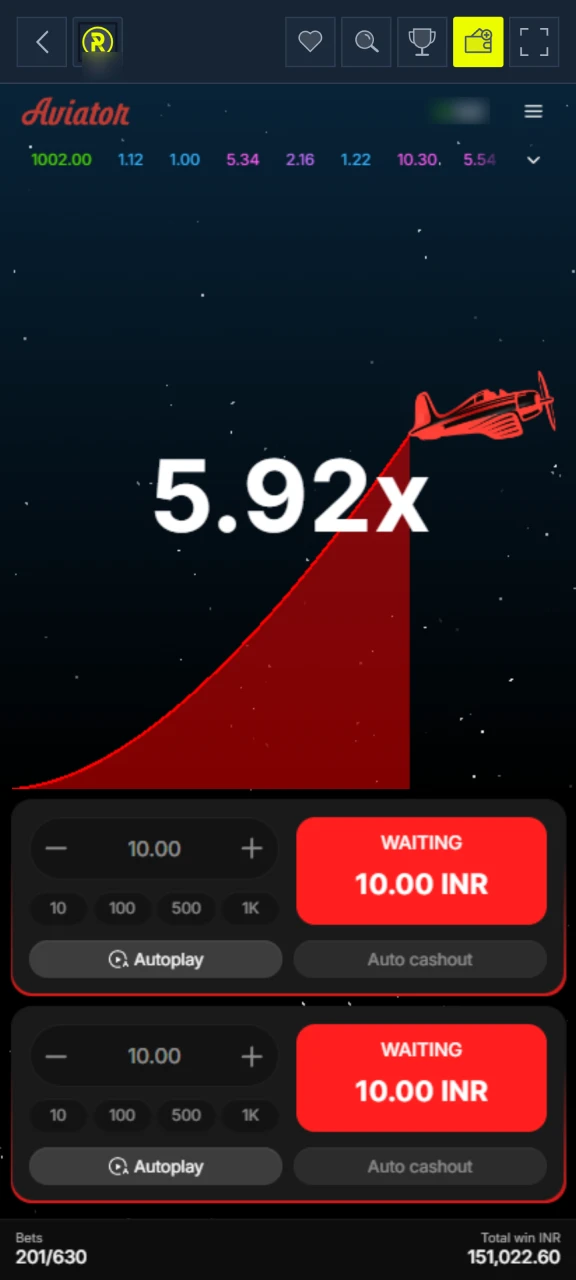 Rabona Aviator app countdown before new round begins.