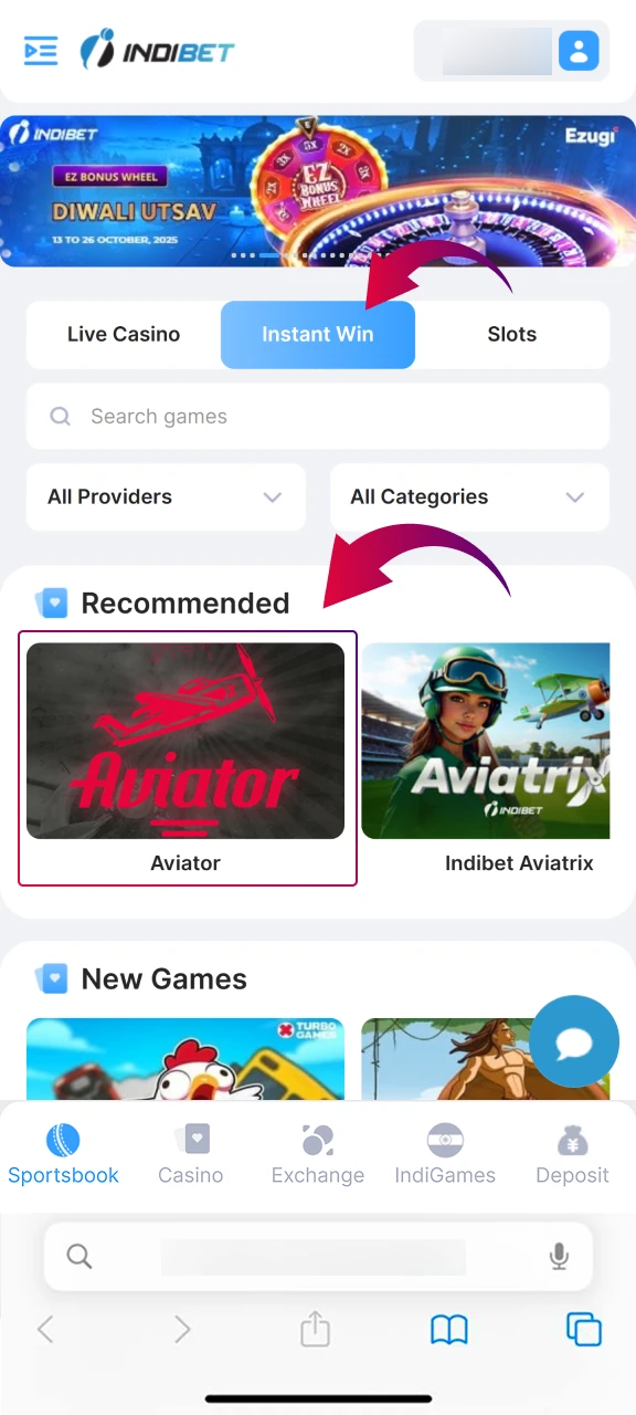 Go to the casino section and find the Aviator game.
