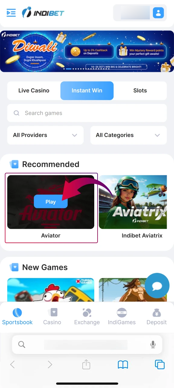 Start playing Indibet Aviator online by tapping the game to launch in browser.