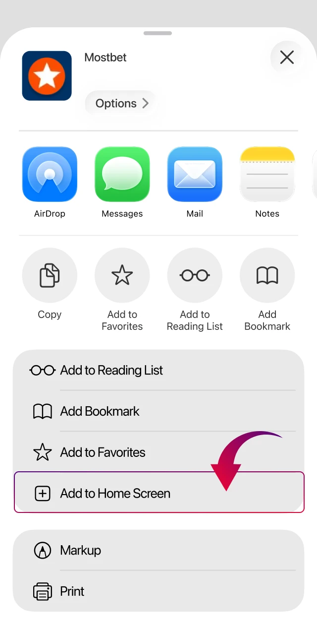 Adding Mostbet shortcut to iPhone home screen from Safari menu.