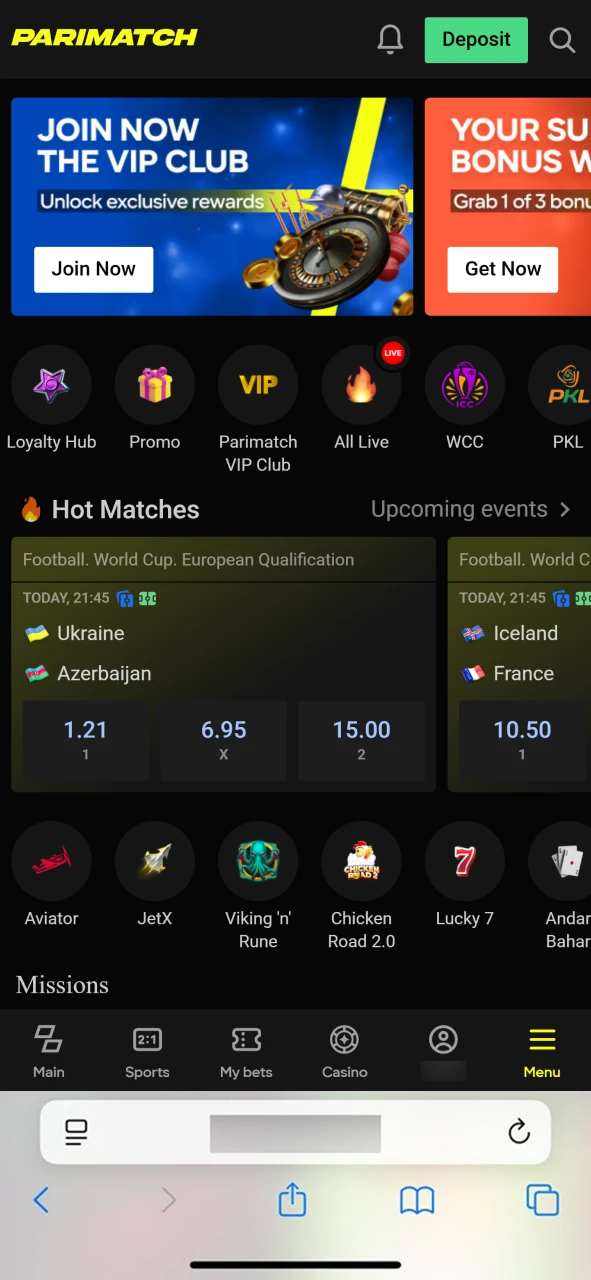 Go to the official Parimatch website.